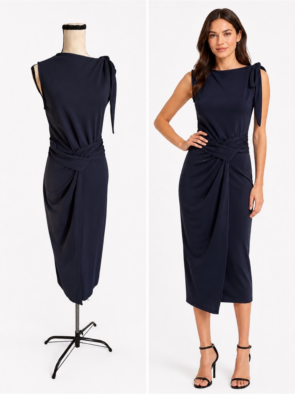 Jasambac Navy Blue Midi Dress Ruched Waist Tie Shoulder Sleeveless Size Small